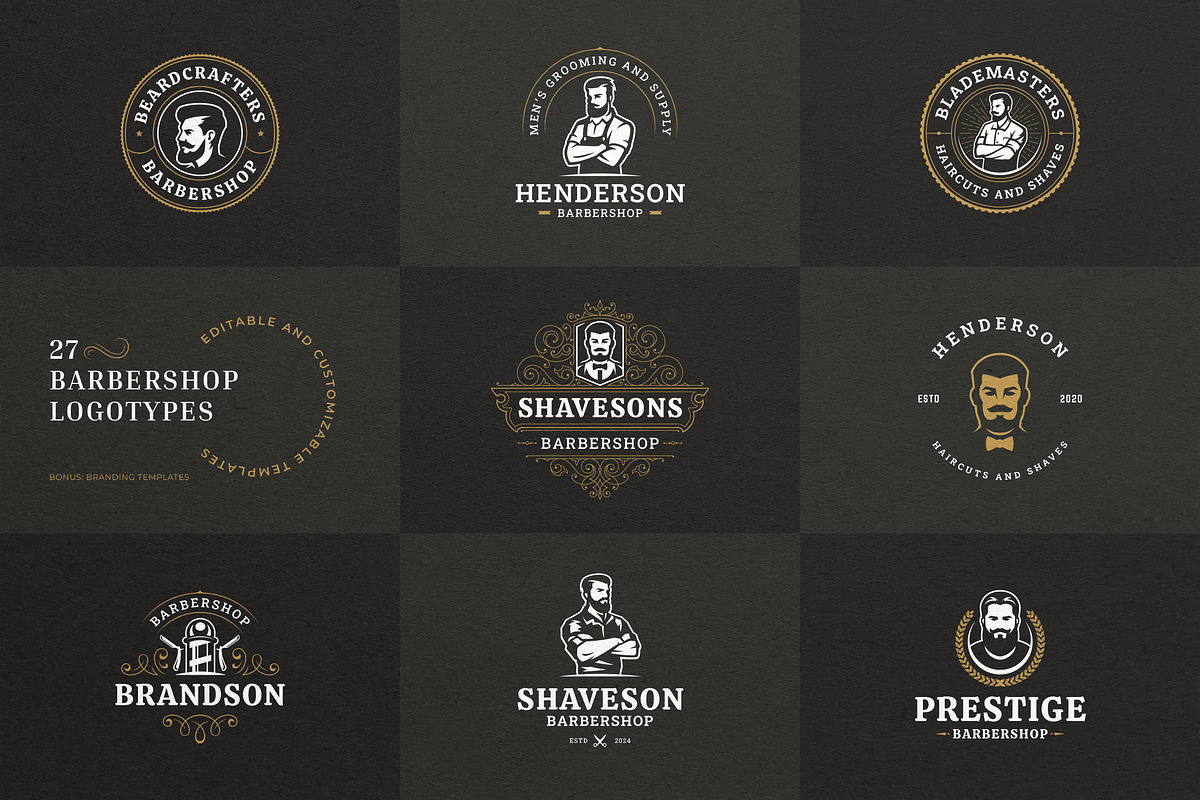 27 Barbershop Logotypes, a Branding & Logo Template by Vasya Kobelev (Photo 1 of 10)