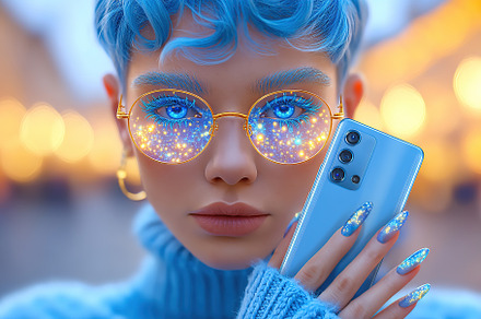 Stylish young woman with blue hair and sparkling glasses holds a smartphone dur, a Person Photo by AlyaAnd
