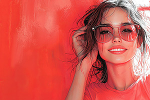 Smiling Young Woman With Sunglasses Against A Vibrant Red Background