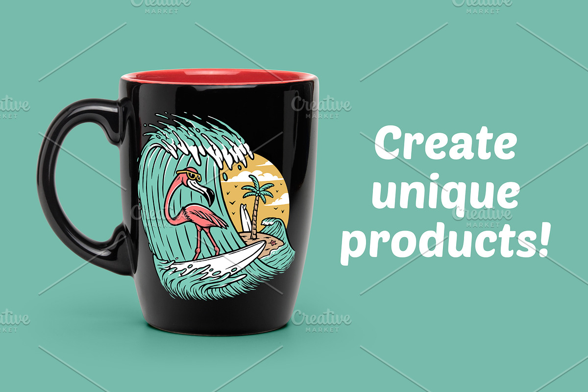 cute flamingo surfing the sea, an Animal Illustration by gunaonedesign (Photo 2 of 6)