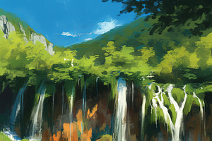 Two children explore a serene waterfall surrounded by lush greenery, an Illustration by AS photostudio