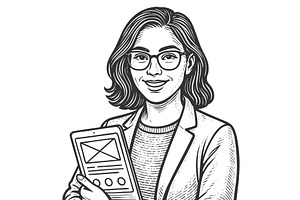 female UX designer engraving sketch, a Technology Illustration by AlexArt