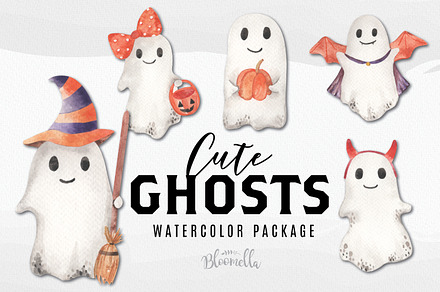 Cute Ghosts Fancy Dress Watercolor