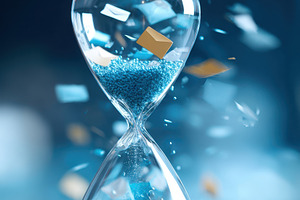 Vibrant hourglass with blue sand and colorful pieces, a Business Photo by AlyaAnd
