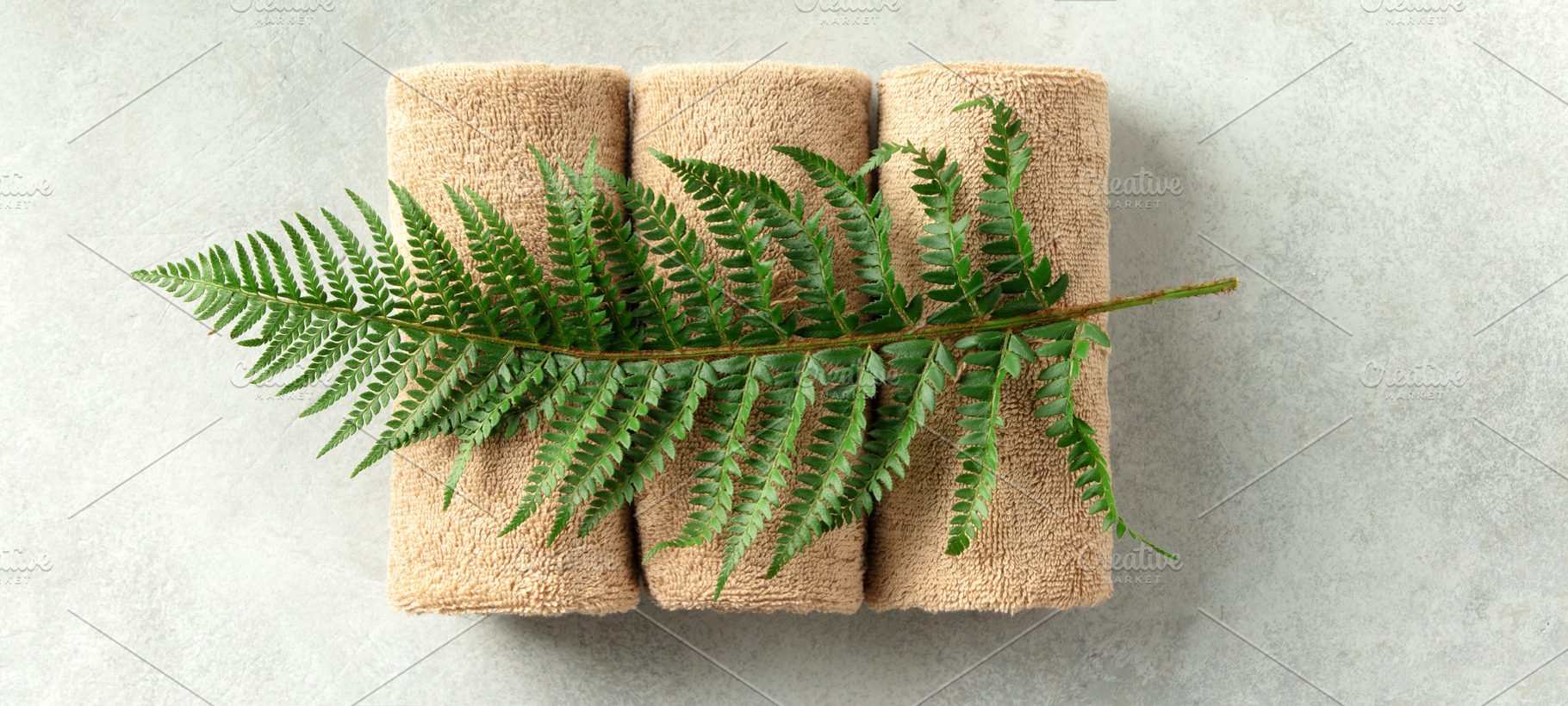 Spa Towels with Green Fern on Light Minimal Background, a Food & Drink Photo by Natalia Klenova's Shop