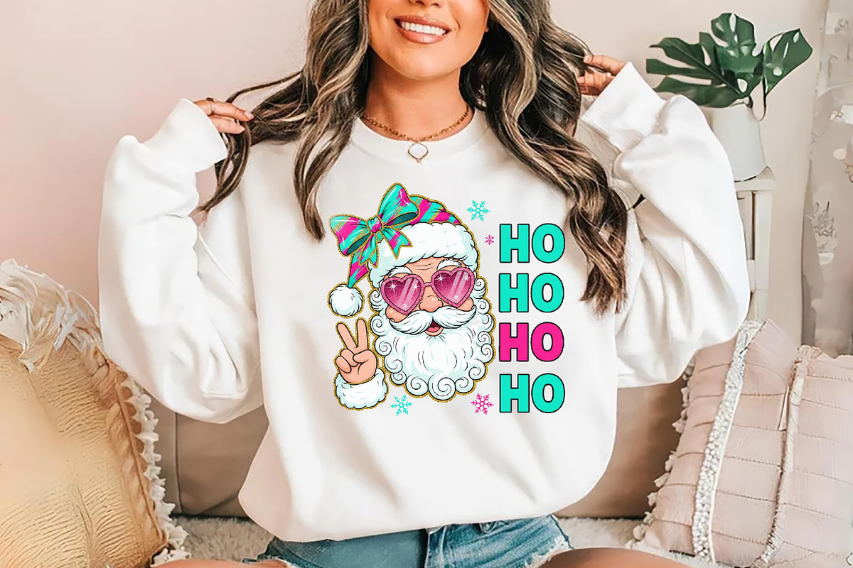 Ho Ho Ho pink and teal Santa and bow, a Seasonal Illustration by YA Design (Photo 4 of 4)