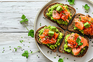 Toast bread with salted salmon and guacamole avocado in plate on wooden table, a Food & Drink Photo by AlyaAnd