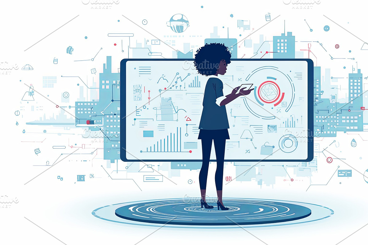 Young woman analyzes data using futuristic technology in modern urban setting, an Illustration by AS photostudio