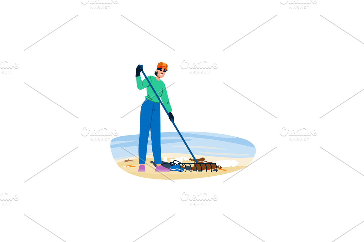 Volunteer cleaning beach using rake, an Illustration by pikepicture