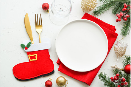 Christmas table setting. White plate, a Food & Drink Photo by Nadia-nb