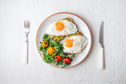 breakfast fried egg avocado toast, a Photo by Art Rachen
