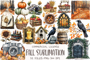 Watercolor Fall Sublimation Clipart, an Illustration by OK Design