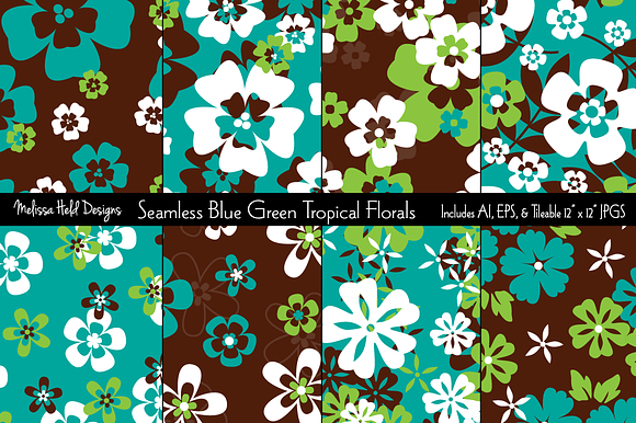 Seamless Blue Green Tropical Florals preview 6