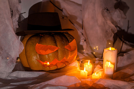 Happy Halloween! Jack o lantern carved pumpkin, spider web, ghos, a Holiday Photo by Sonjachni