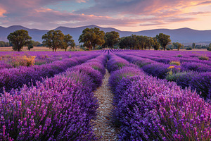 Lavender fields at sunrise majestic, a Photo by Pixeness Studio