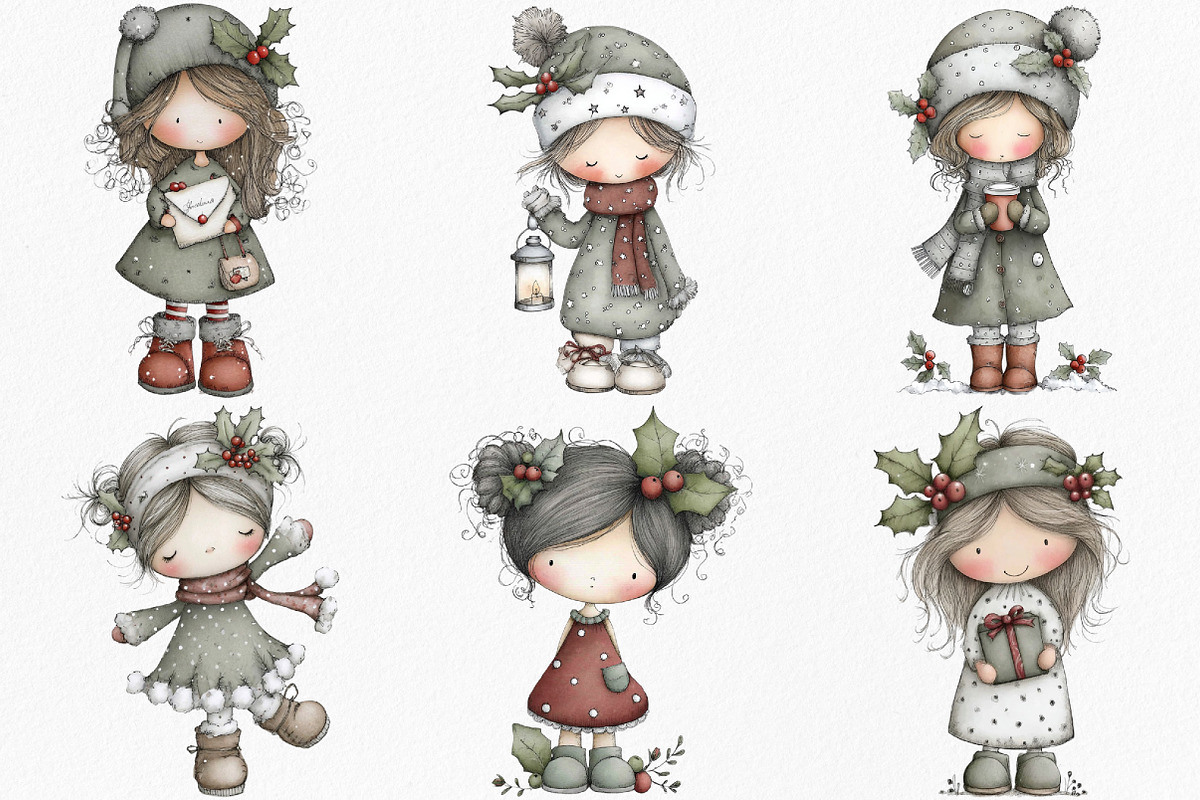 Cute Holly Girl Clipart Bundle, an Illustration by Canvas Craft (Photo 4 of 7)