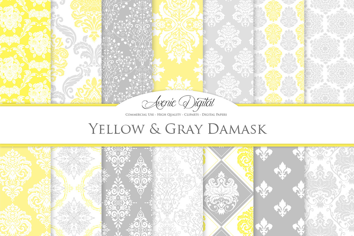 28 Yellow and Gray Damask Patterns, a Pattern Graphic by Avenie Digital