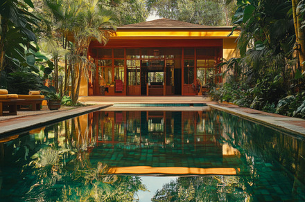 Vintage home with pool reflection and tropical surroundings, an Abstract Photo by Natalia Klenova's Shop