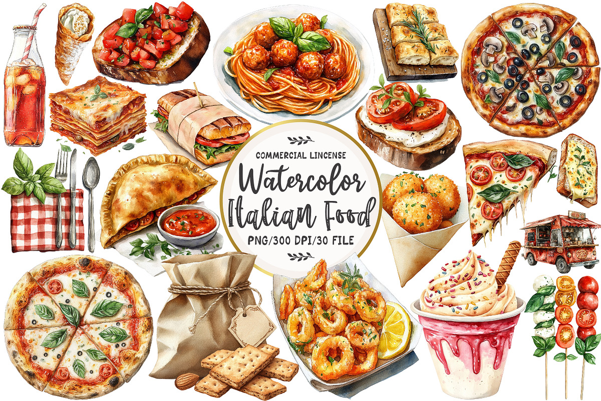 Watercolor Italian Fast Food Clipart, an Illustration by OK Design (Photo 1 of 5)