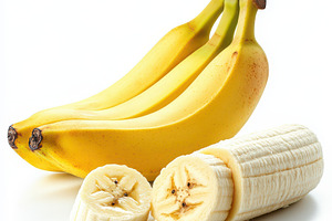 Two ripe bananas, and cut a piece of, a Food & Drink Photo by Pixeness Studio
