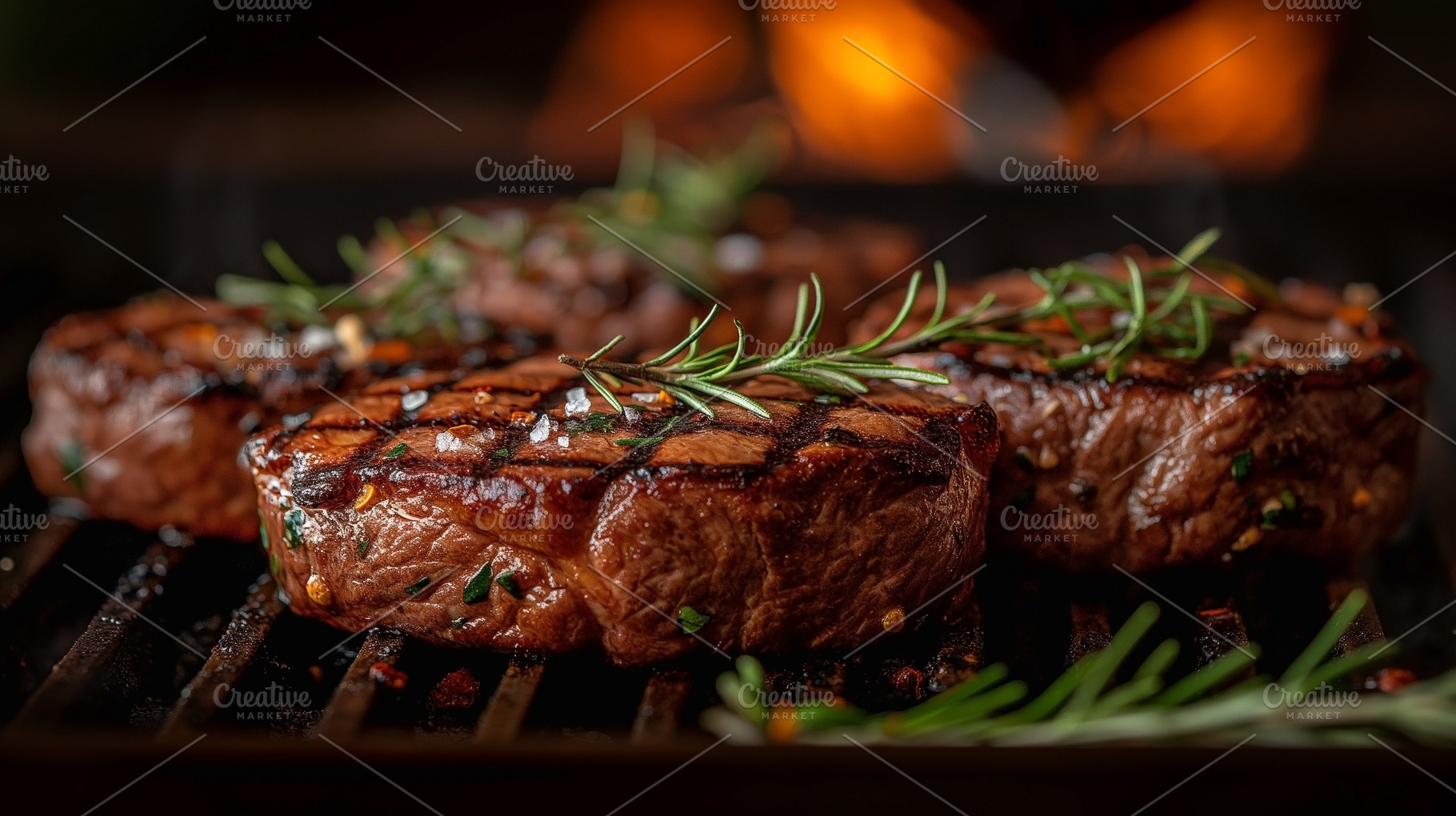 Grilled beef steaks perfectly seared with fresh rosemary for fla, a Food & Drink Photo by ImageMir