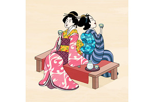 Ukiyo E Style Geisha Enjoying Sake