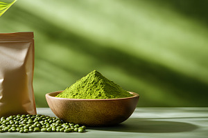 Green matcha tea powder in wooden bowl, a Food & Drink Photo by Photostock