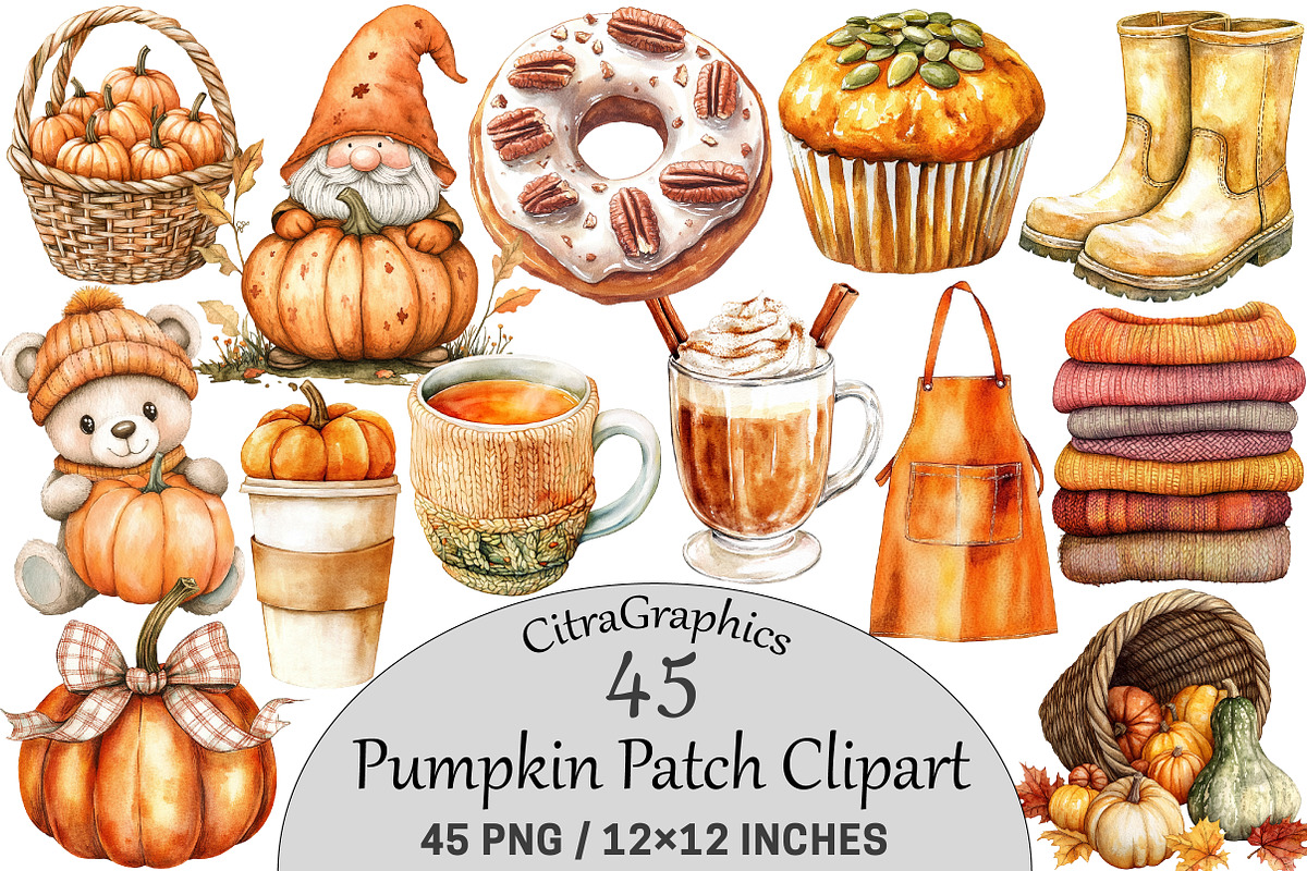 Watercolor Pumpkin Patch Clipart, a Seasonal Illustration by CitraGraphics (Photo 1 of 7)