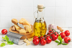 Fresh italian food ingredients for cooking pasta meal, a Food & Drink Photo by Olena Rudo