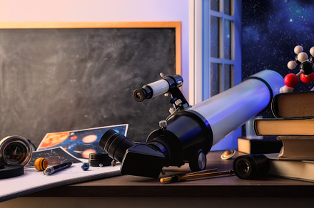 Student desk in science classroom with elescope focusing on sky, a School & Education Photo by Davizro's Market