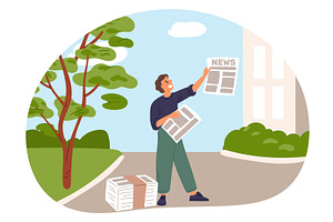 Young man sells paper newspapers, a Person Illustration by Vectorbuum