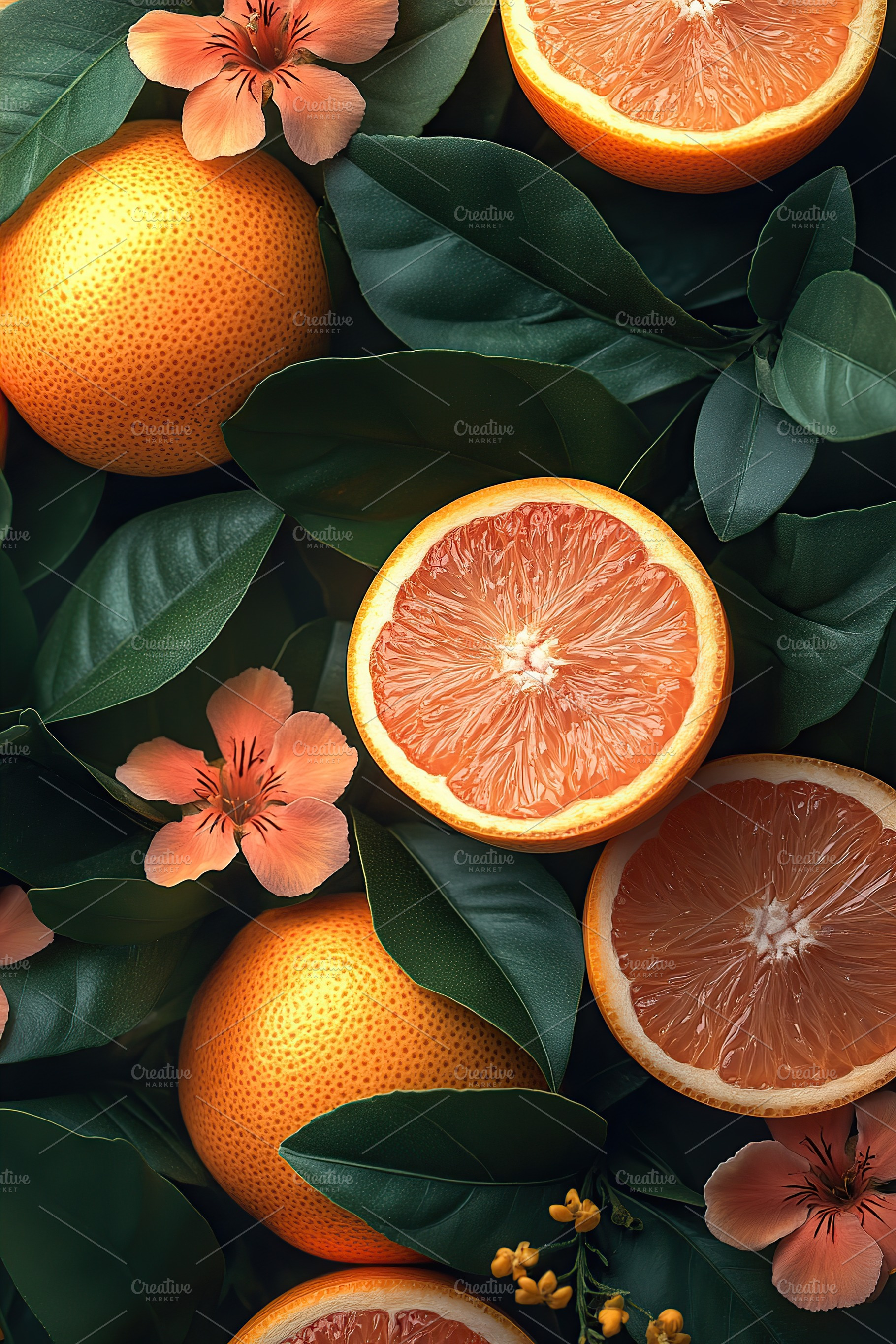 Fresh oranges and green leaves with flowers, showcasing vibrant colors from nat, a Food & Drink Photo by AlyaAnd