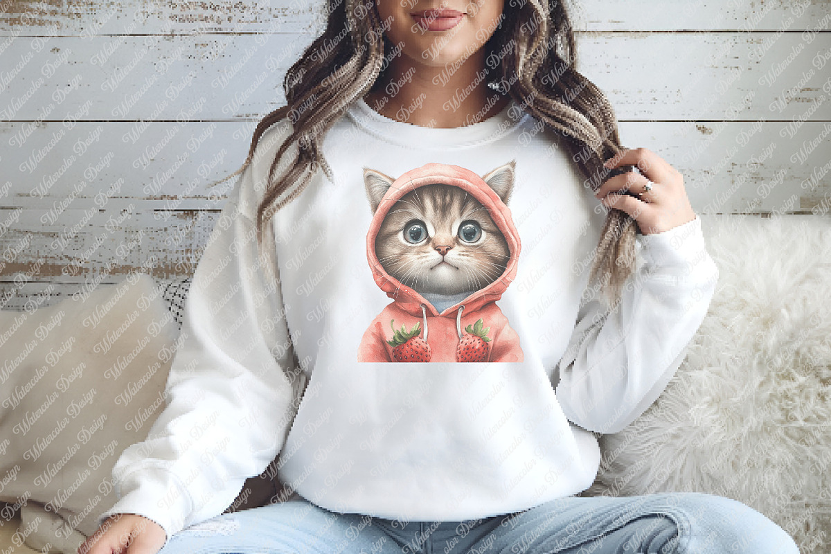 Strawberry Cat Sublimation Clipart, an Illustration by Watercolor design (Photo 7 of 12)