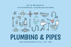 Plumbing and Pipes Set Doodle Style, an Object Graphic by 35lab