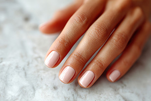 Female hand with perfectly manicured nails resting on a marble surface in natur, a Beauty & Fashion Photo by AlyaAnd