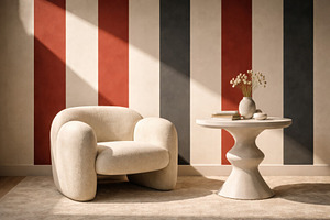 Circus retro stripes interior design with modern furniture in co, a Photo by Dvoevnore photos