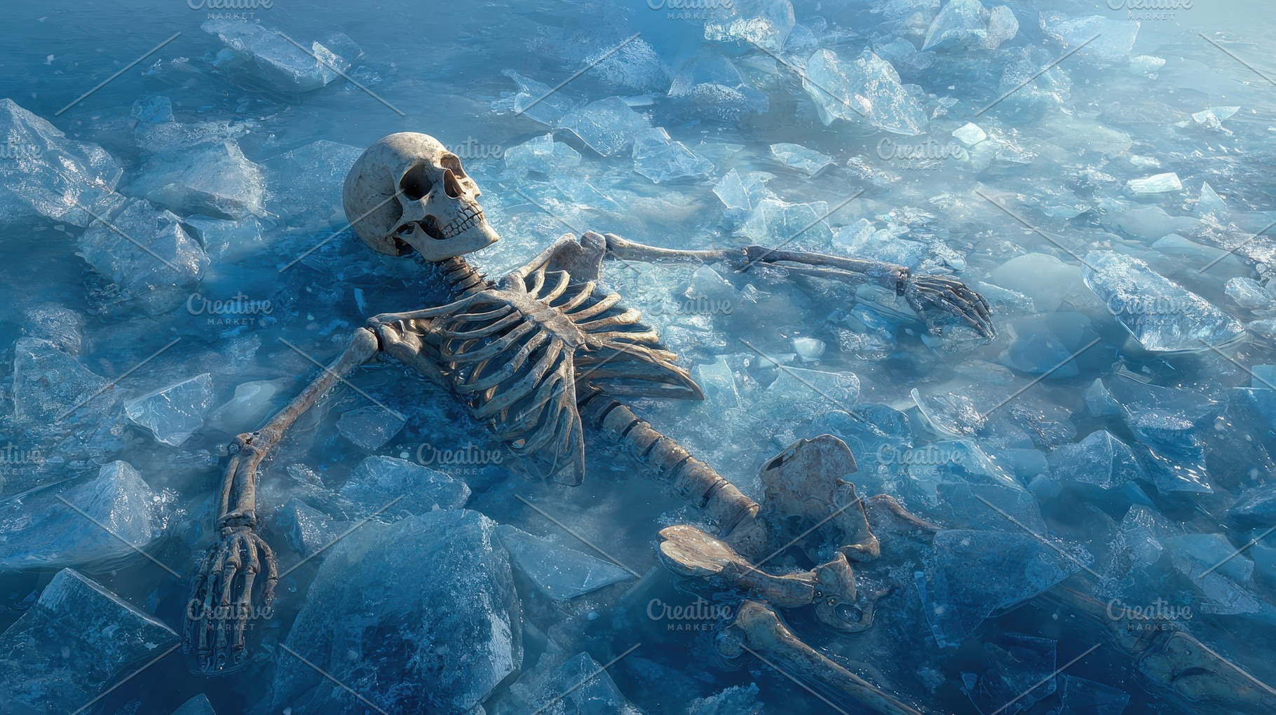 Skeleton submerged in icy water glac, an Abstract Photo by Pixeness Studio