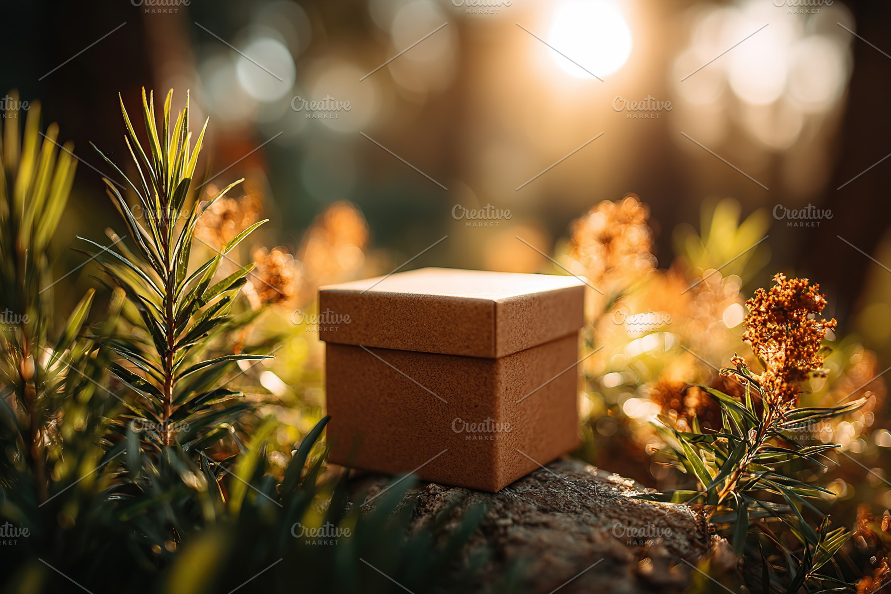Packaging mockup resting on a rock surrounded by greenery and flowers at sunset, a Photo by AlyaAnd