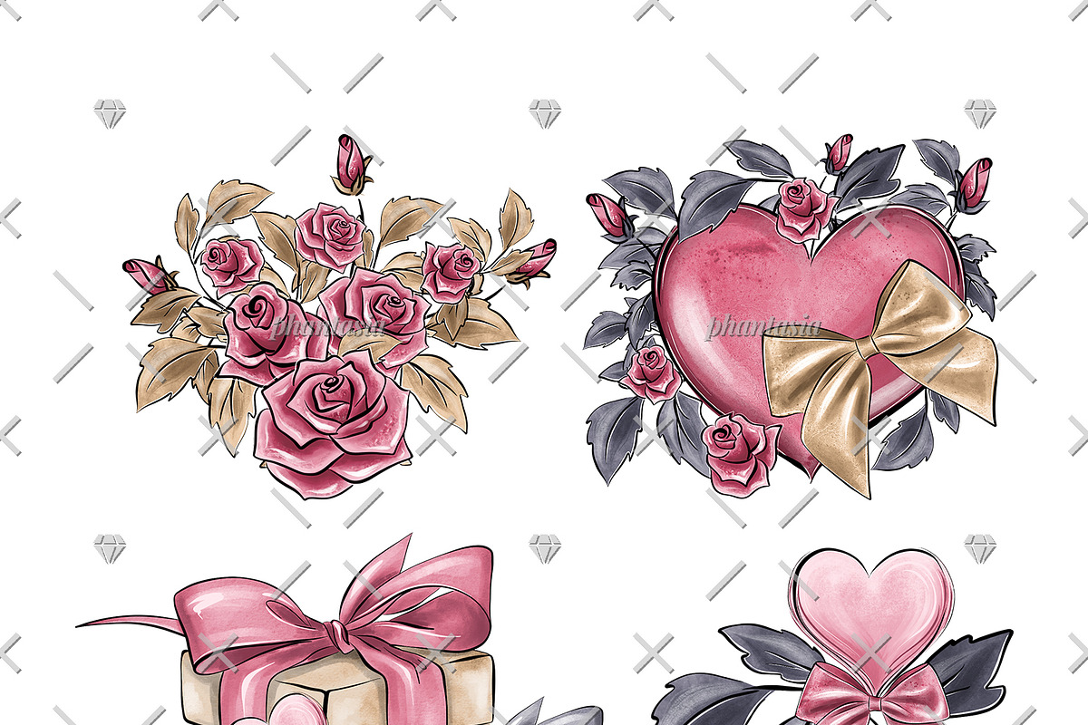 Valentines Day Watercolor Cliparts, a Decorative Illustration by Phantasia Design (Photo 3 of 8)