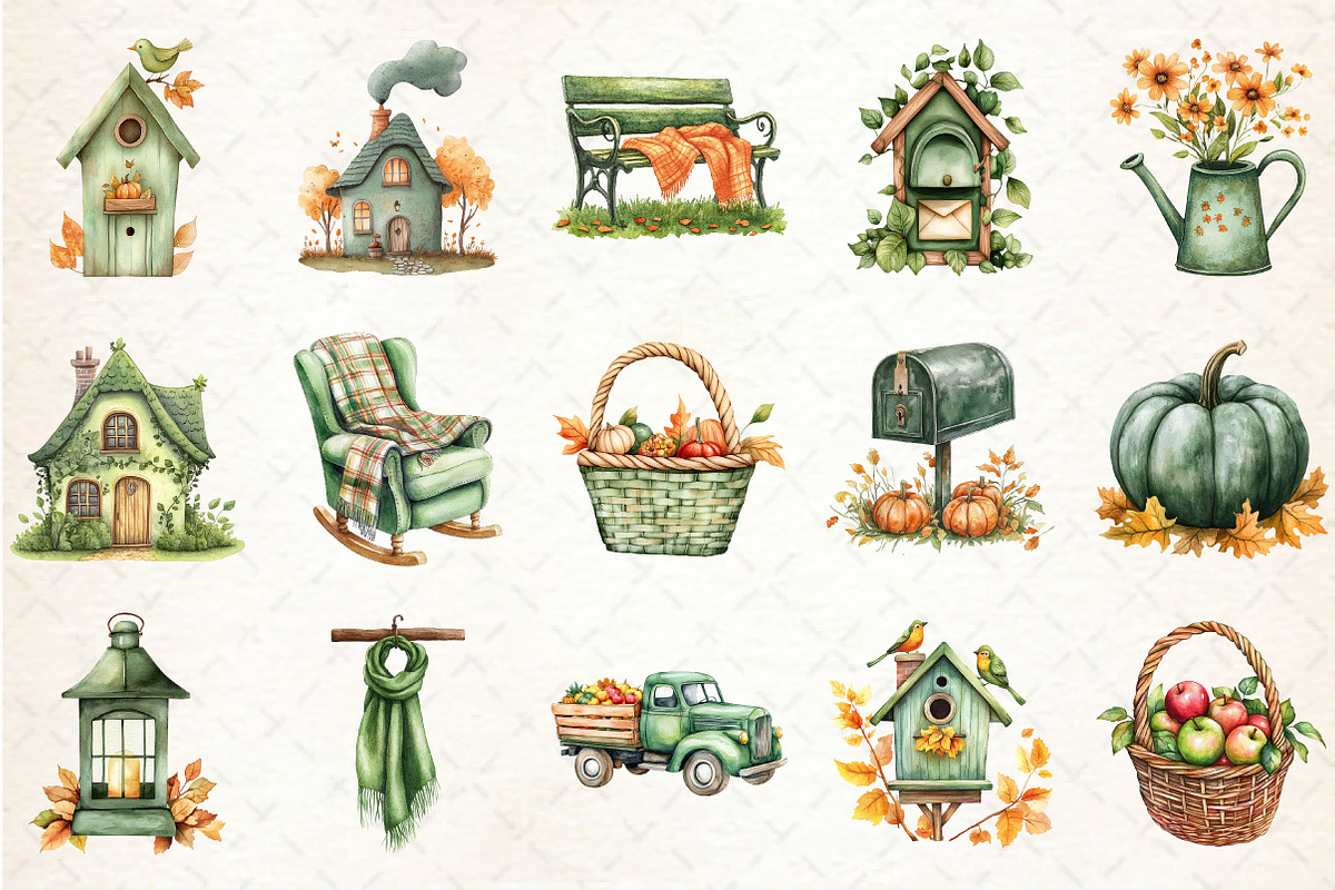 Green Autumn Cottage Clipart, an Illustration by Rose Art (Photo 2 of 4)