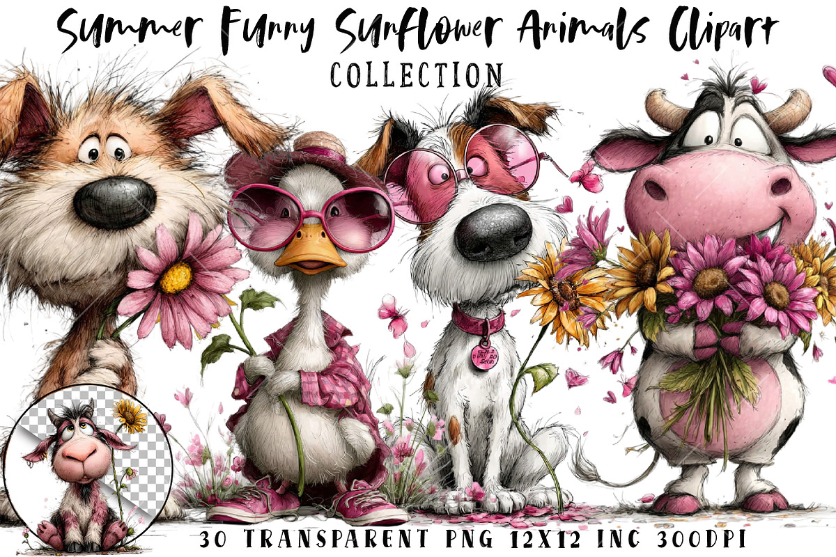 Summer Funny Sunflower Animals Clipa, an Illustration by OK Design (Photo 1 of 6)