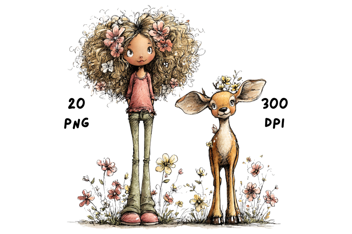 Whimsical Floral Girl & Deer Clipart, an Animal Illustration by GiraffeCreative (Photo 5 of 20)