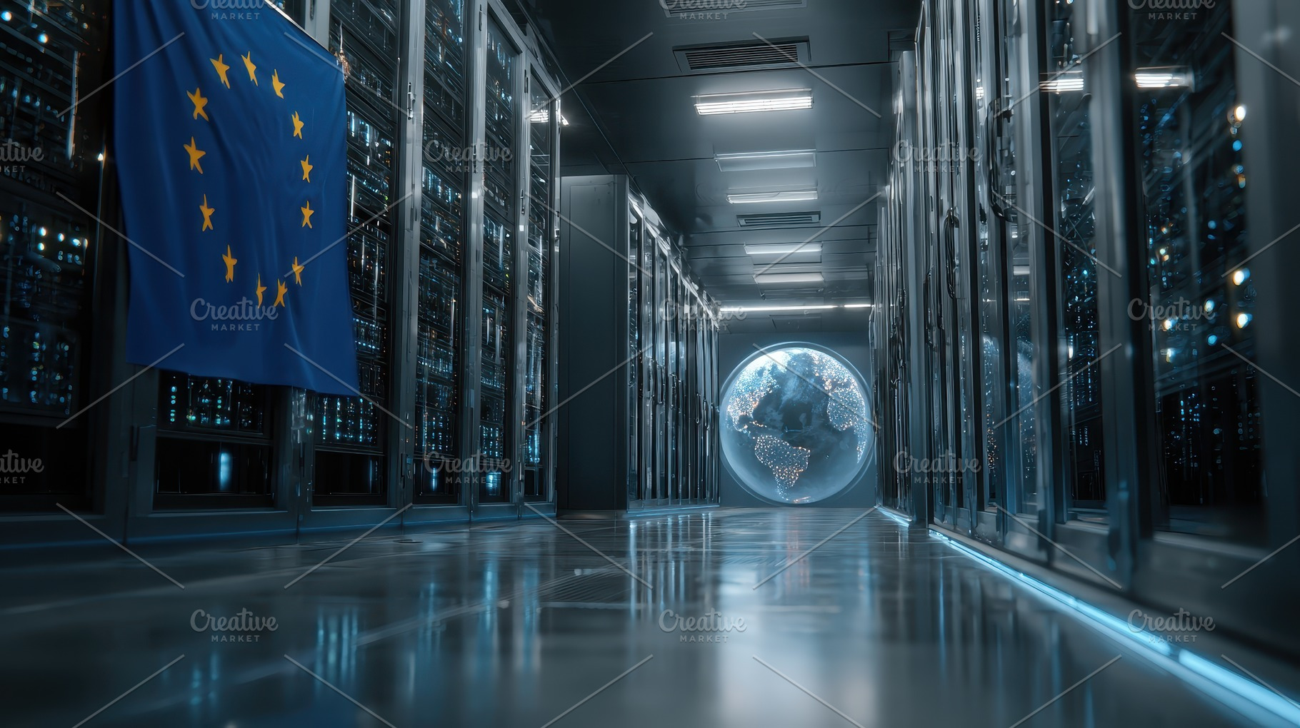 EU Flag in Modern Server Room Global, a Photo by Pixeness Studio