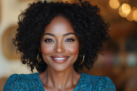 Smiling Woman With Curly Hair in Elegant Blue Attire in Warm Lighting, a Photo by AS photostudio