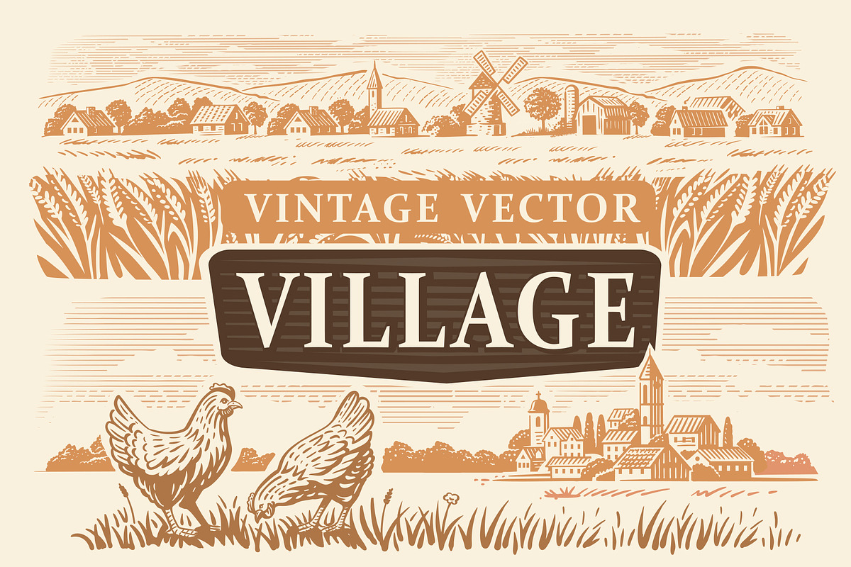 Vintage village. Vector set., an Animal Illustration by bioraven (Photo 1 of 13)