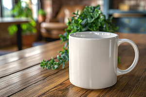 A cozy, empty white mug on a rustic wooden table with green plants in the backg, a Business Photo by ImageMir