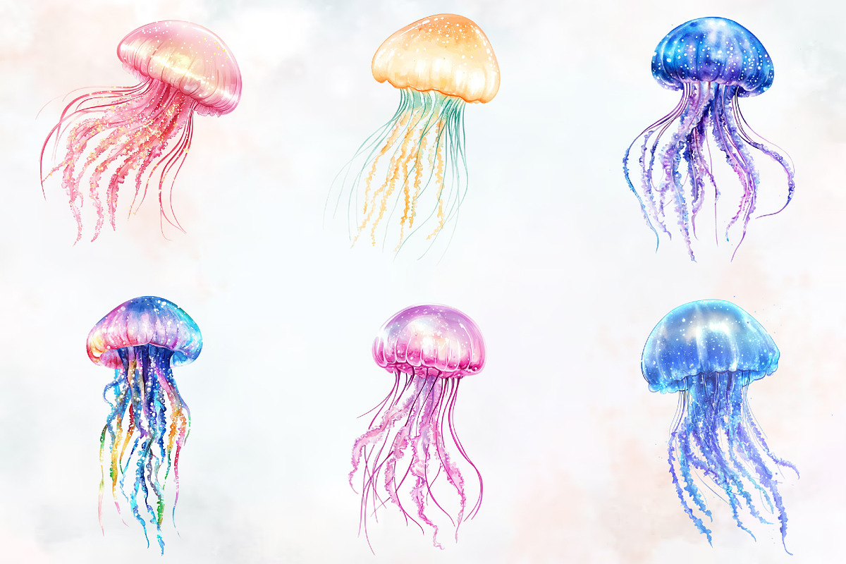 jellyfish, watercolor, cliparts, sea, an Illustration by RobertsArt (Photo 6 of 7)