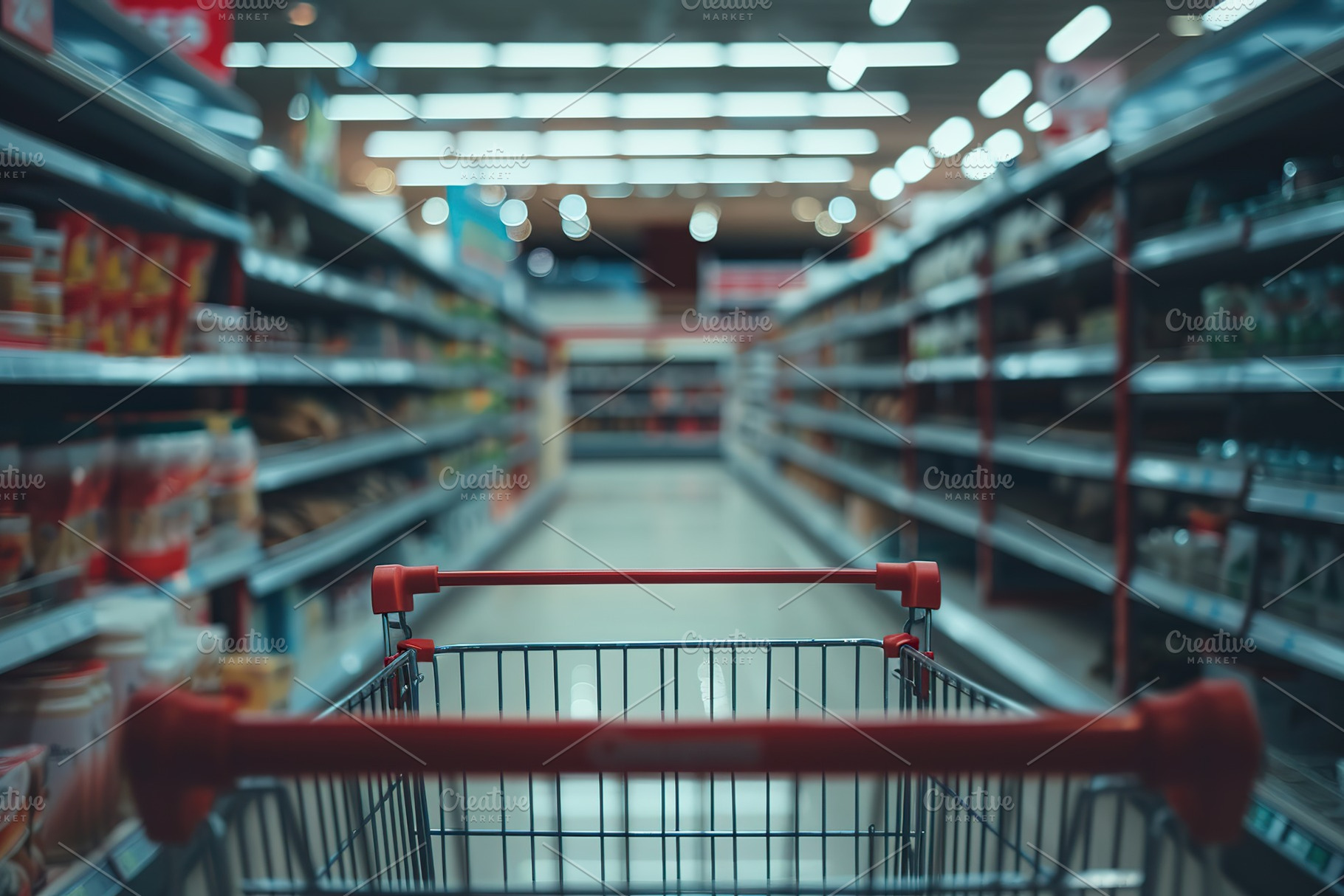 Supermarket aisle with shelves full of products, a Photo by AlyaAnd