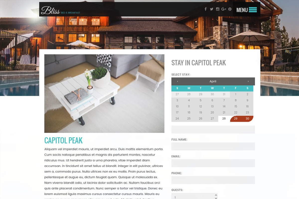 BnB, Cabin, Rental Wordpress Theme, a WordPress Template by Amped Themes (Photo 2 of 6)