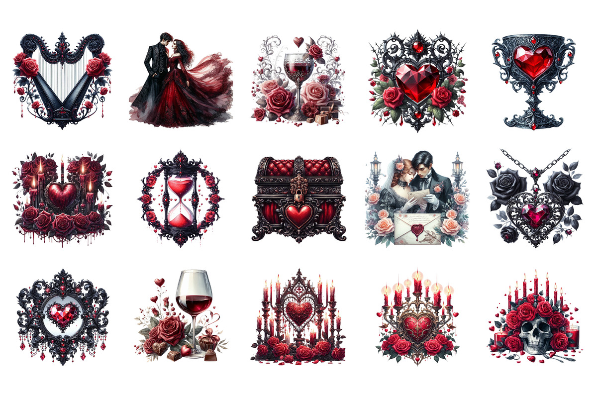 Gothic Valentine Clipart Set, an Illustration by SinaCreation (Photo 2 of 11)